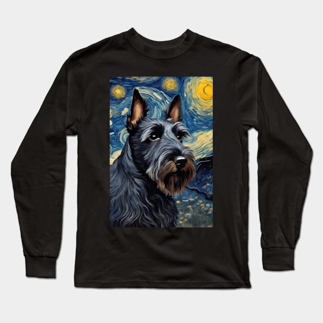 Scottish Terrier Dog Breed Painting in a Van Gogh Starry Night Art Style Long Sleeve T-Shirt by Art-Jiyuu